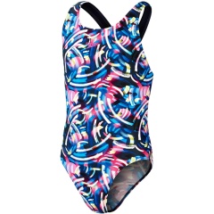 Badeanzug Digital Allover Leaderback Speedo True Navy/Black/Rose Violet/Bright Yellow - Größe 8 Jahre